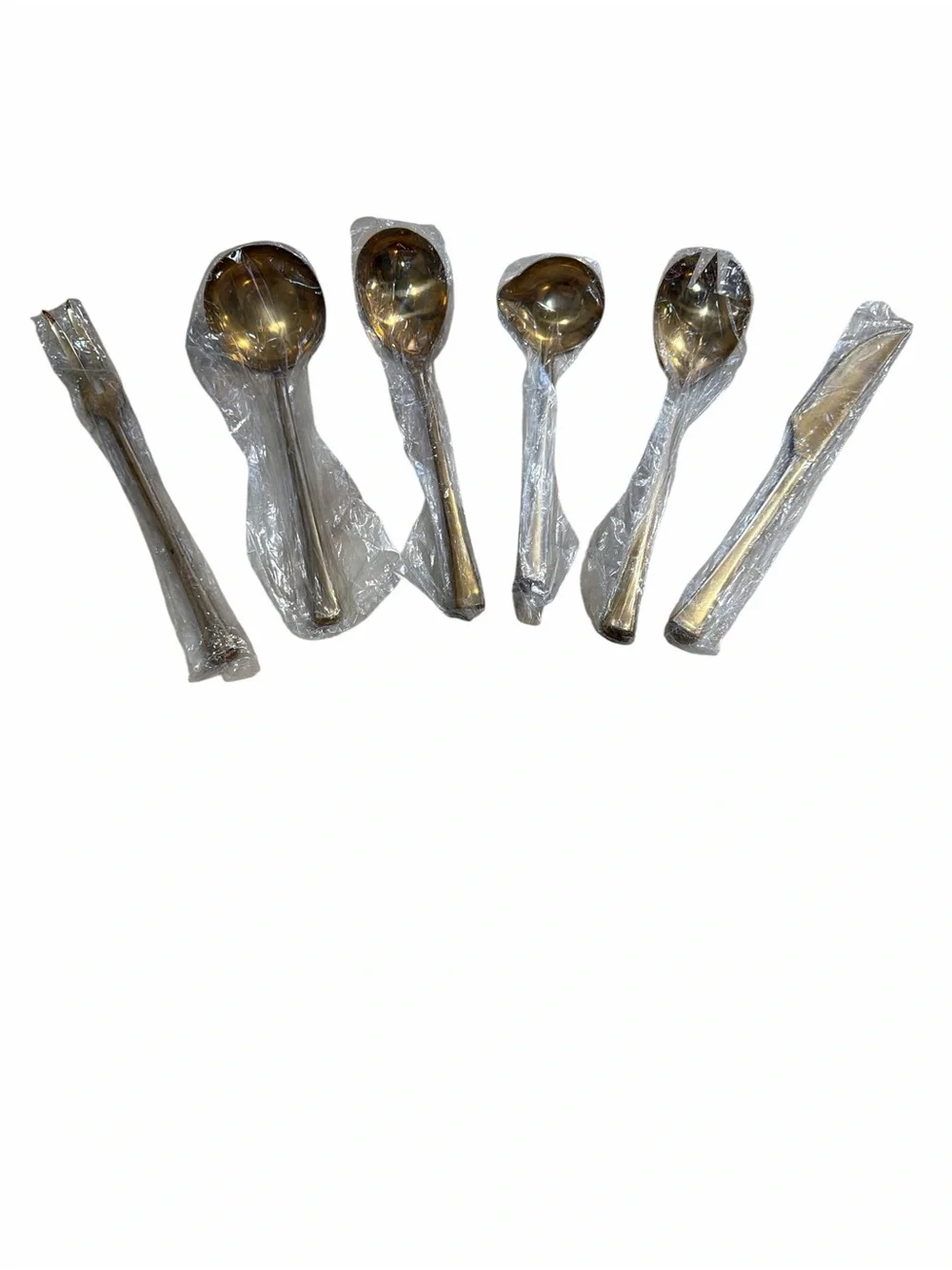 Vintage Thailand Gold Tone Serving Utensil Set 6 Pc Brass Flatware Spoons Fork
